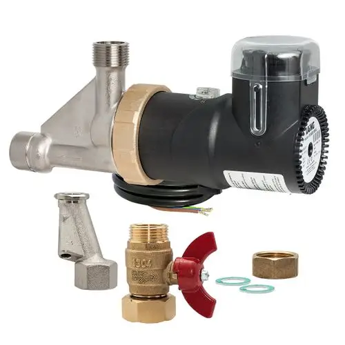 Abgebildet ist eine ESBE-Pumpengruppe mit einer zentralen Pumpe, einem Drosselventil, einer Anschlussmutter und einem zusätzlichen Armaturenteil.